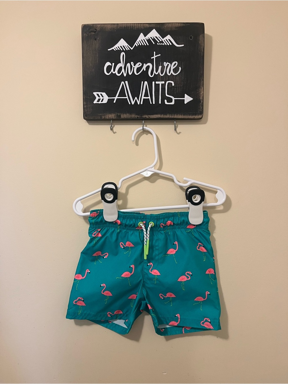 Cat & Jack Teal Kids Swim Shorts with Pink Flamingo Print